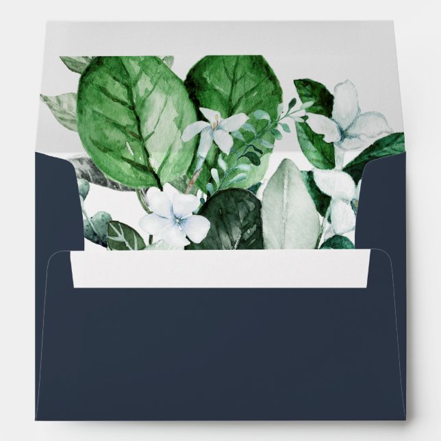 Woodland Greenery | Navy Blue Wedding Invitation Envelope (Back (Bottom))