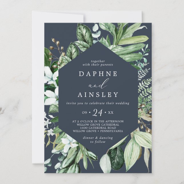 Woodland Greenery | Navy Casual Wedding Invitation (Front)
