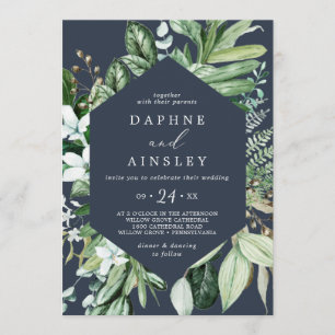 Woodland Greenery   Navy Casual Wedding Invitation