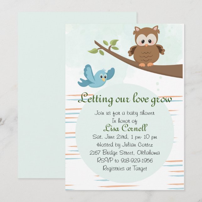 Woodland Greenery Owl Boy Baby Shower Invitation (Front/Back)