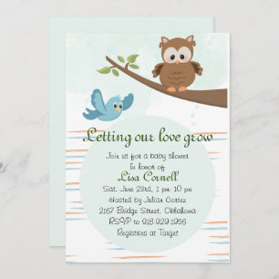 Woodland Greenery Owl Boy Baby Shower Invitation
