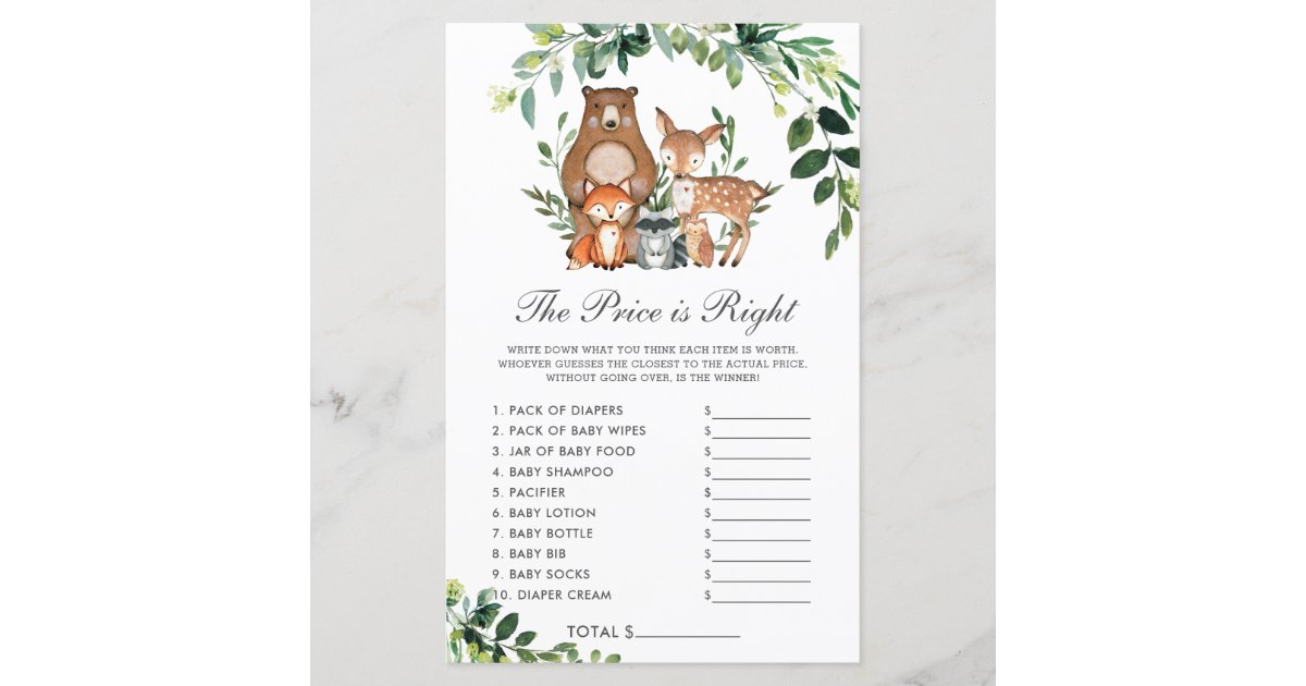 Woodland Greenery Price Is Right Baby Shower Game Zazzle Com