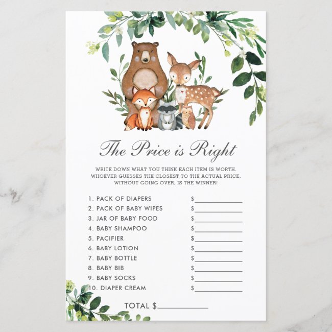 Woodland Greenery Price is Right Baby Shower Game