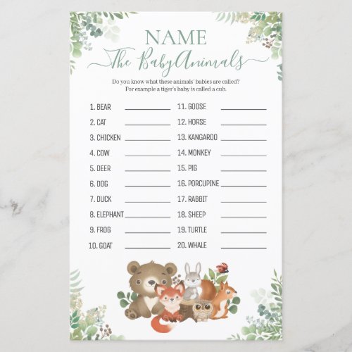 Woodland Greenery Shower Baby Animal Name Game