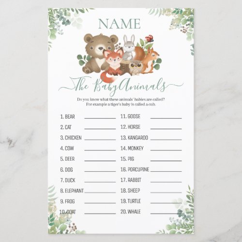 Woodland Greenery Shower Baby Animal Name Game