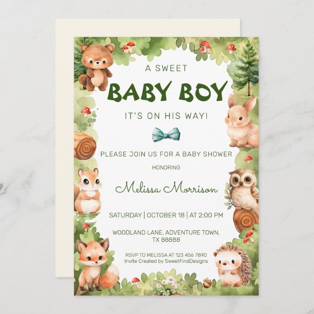 Woodland Greenery Sweet Baby Boy Shower Invitation (Front/Back)