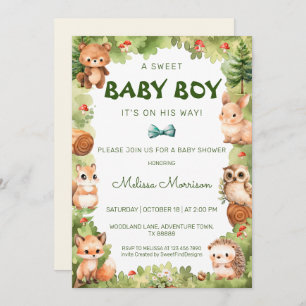 Woodland Greenery Sweet Baby Boy Shower Invitation