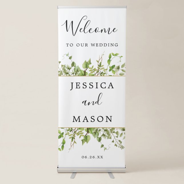 Woodland Greenery Wedding Welcome Banner Stand (Front)