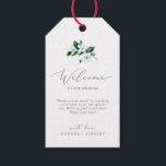 Woodland Greenery Wedding Welcome Gift Tags<br><div class="desc">These woodland greenery wedding welcome gift tags are perfect for a summer or fall wedding. The modern boho design features lush emerald, sage and olive green watercolor leaves and botanicals with sprigs of elegant white flowers. Personalize the tags with the location of your wedding, a short welcome note, your names,...</div>