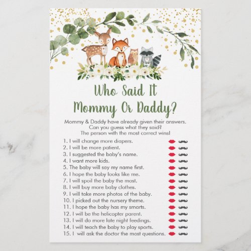 Woodland Greenery Who Said It Baby Shower Game