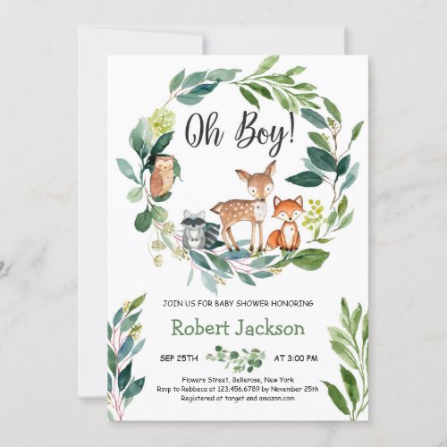 Woodland greenery wreath animals oh boy baby invitation