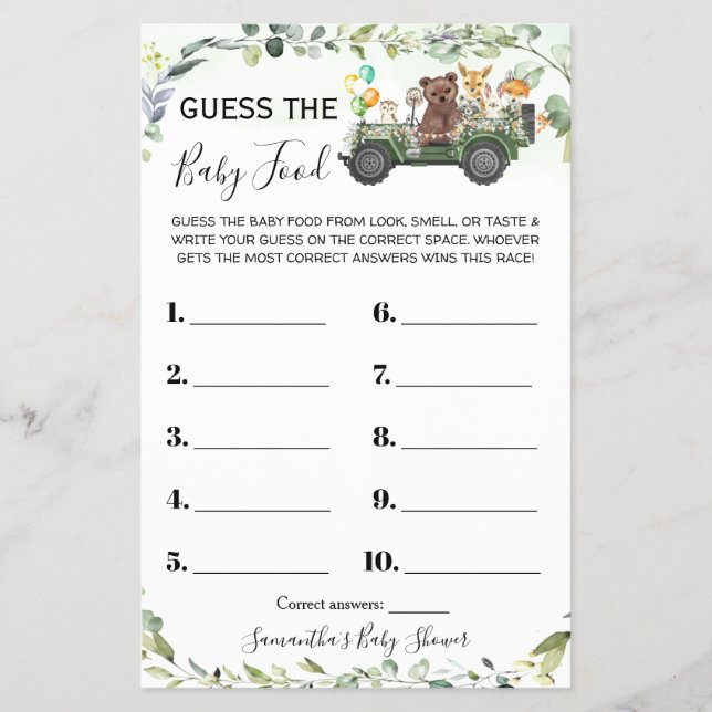 Woodland Guess the Baby Food Baby Shower Game Card Flyer (Front)