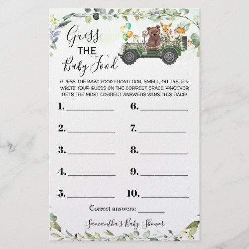 Woodland Guess the Baby Food Baby Shower Game Card Flyer