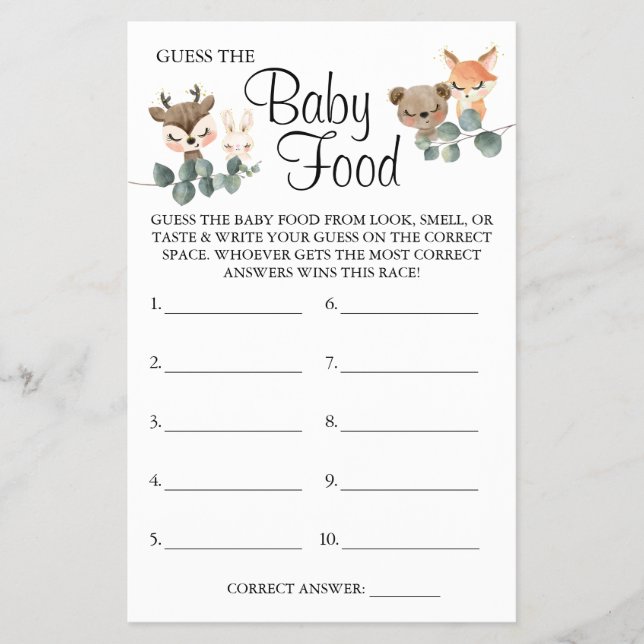 Woodland Guess the Baby food shower game card Flyer (Front)