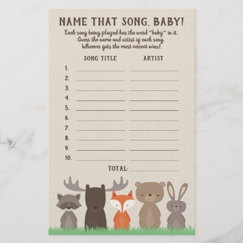 Woodland Guess the Baby Song Baby Shower Game Card Flyer