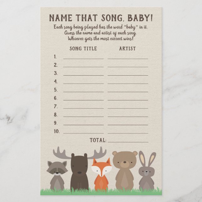Woodland Guess the Baby Song Baby Shower Game Card Flyer (Front)
