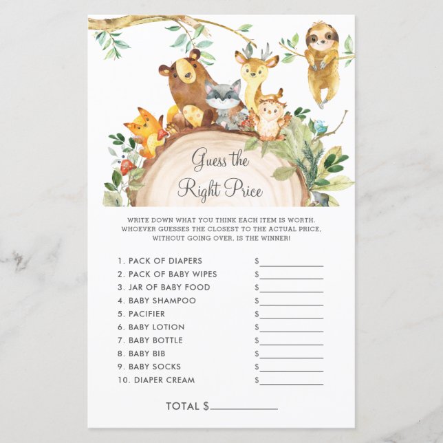 Woodland Guess the Right Price Baby Shower Game (Front)