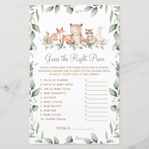 Woodland Guess the Right Price Baby Shower Game