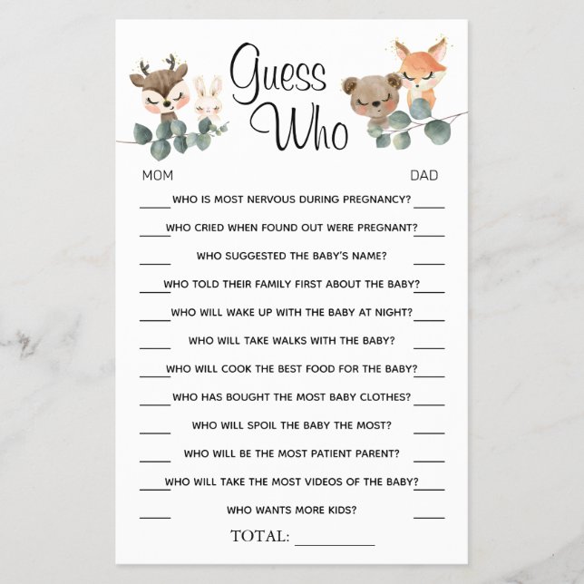 Woodland Guess Who Baby shower game card Flyer (Front)