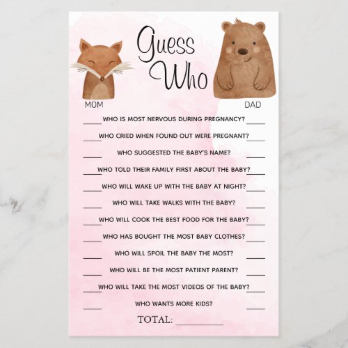 Woodland Guess Who Baby Shower Game Card Flyer