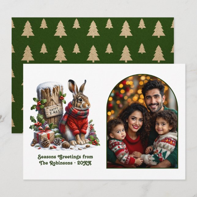 Woodland Hare Rustic Forest Cozy Christmas Photo Holiday Card (Front/Back)