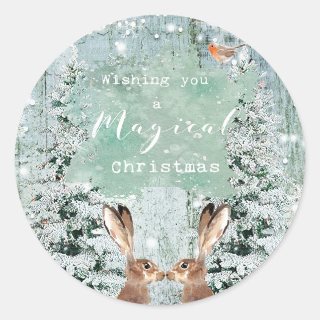 woodland hares winter holiday  classic round sticker (Front)