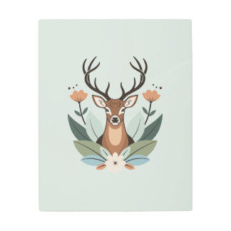 Woodland Harmony – Boho Deer Botanical Illustratio Metal Print