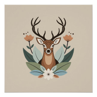 Woodland Harmony – Boho Deer Botanical Illustratio Poster