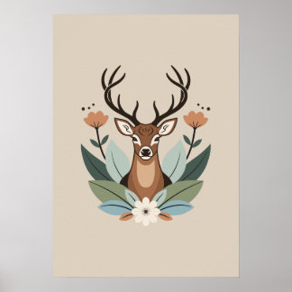 Woodland Harmony – Boho Deer Botanical Illustratio Poster