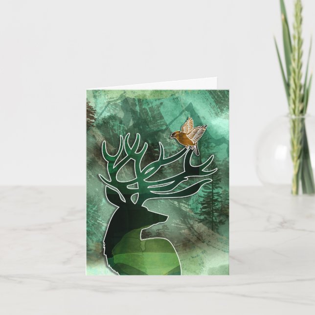Woodland Harmony Buck with a Hawk Wildlife Note Card (Front)