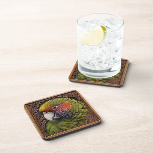 Woodland Harmony: Green Lorikeet On Carved Wood Beverage Coaster