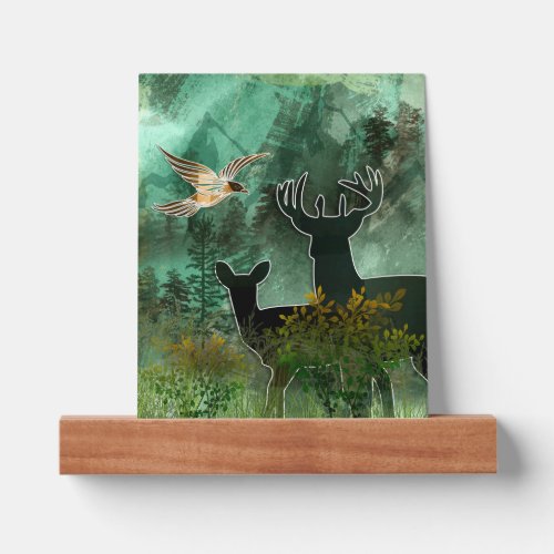 Woodland Harmony Union Deer Pair and Hawk in Green Picture Ledge