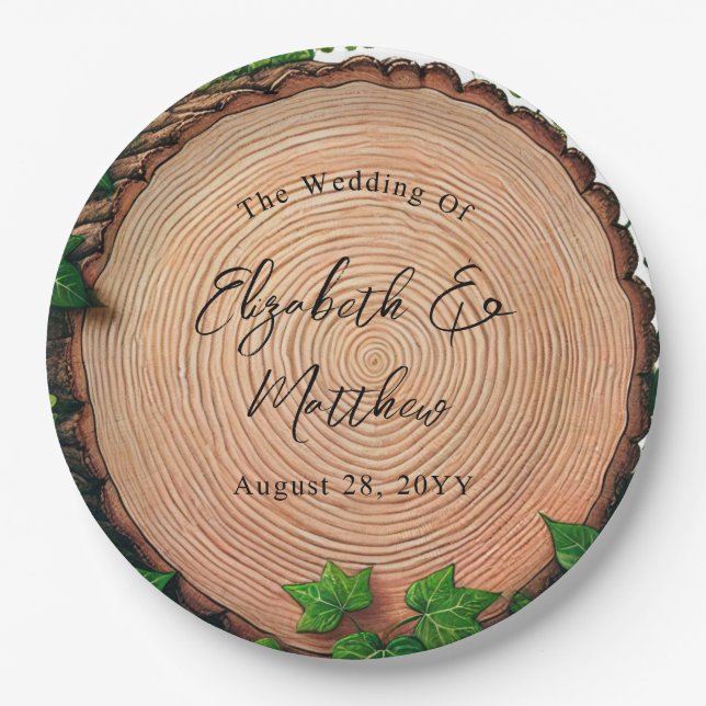 Woodland Harmony: Woodslice & Greenery Wedding Paper Plates (Front)