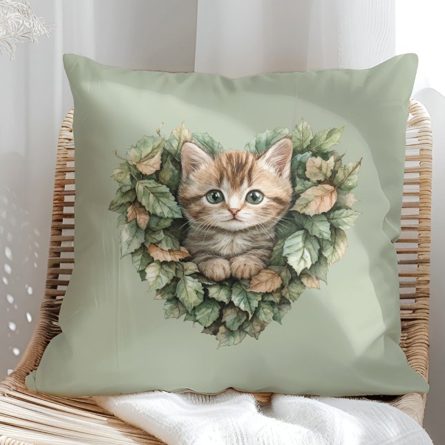 Woodland Heart Kitty - Cozy Fall Throw Pillow (Woodland Heart Kitty - Cozy Fall Throw Pillow in a sunny boho rattan chair.)