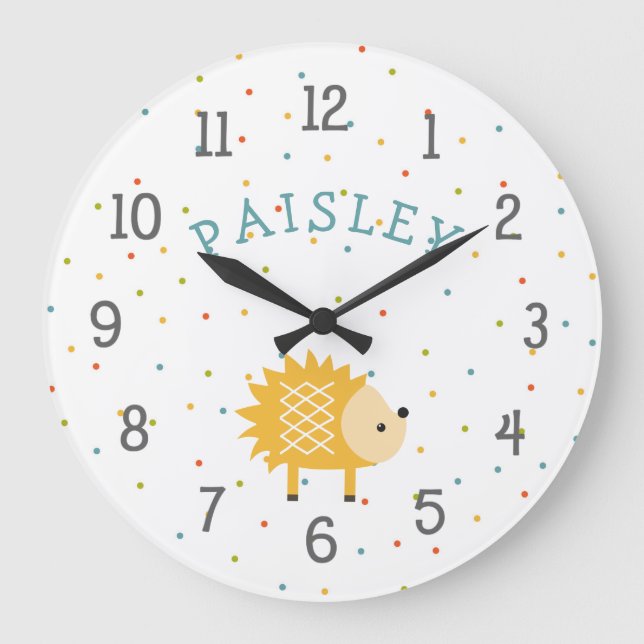 Woodland Hedgehog baby nursery clock with name (Front)