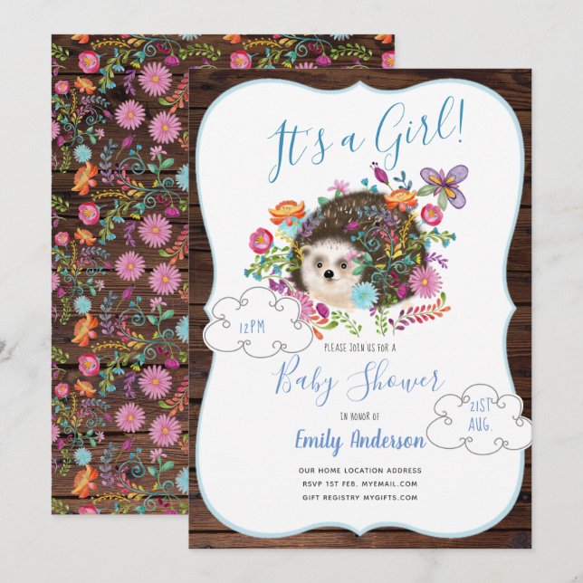 Woodland Hedgehog Baby Shower Invitations Rustic (Front/Back)