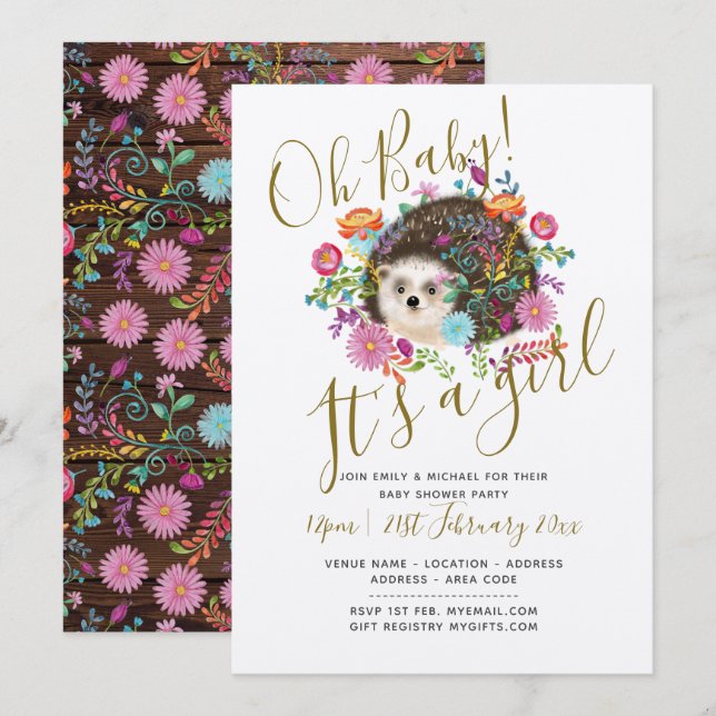 Woodland Hedgehog Baby Shower Invites - Its a GIRL (Front/Back)