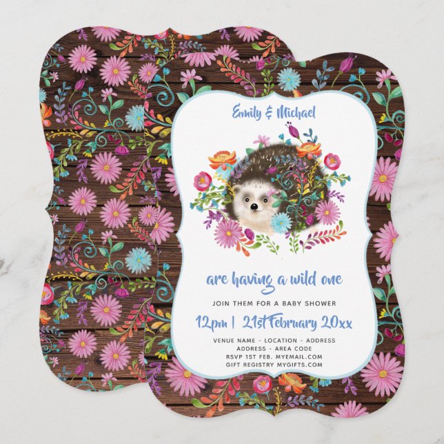 Woodland Hedgehog Baby Shower Invites Rustic Boho (Front/Back)