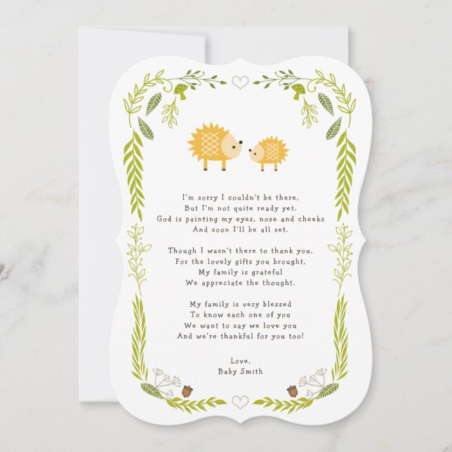 Woodland Hedgehog Baby thank you note with poem (Front)