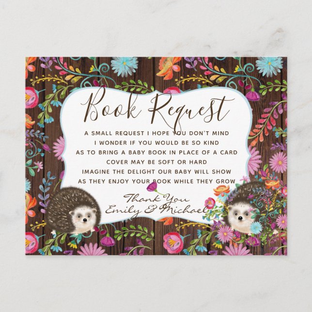 Woodland Hedgehog BOOK Request Poem 4 Baby Shower Postcard (Front)