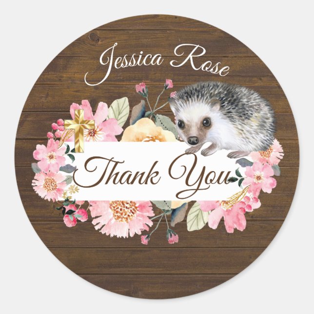 Woodland Hedgehog  Christening Baptism Classic Rou Round Sticker (Front)