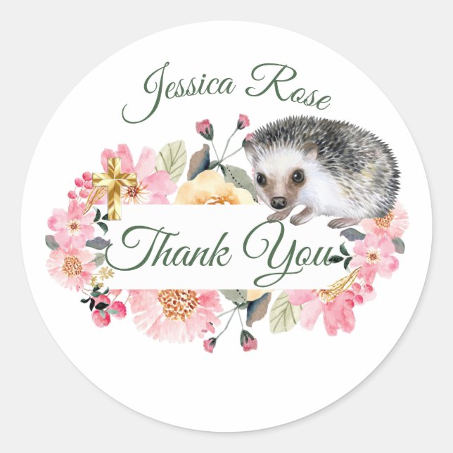 Woodland Hedgehog  Christening Baptism Classic Round Sticker (Front)