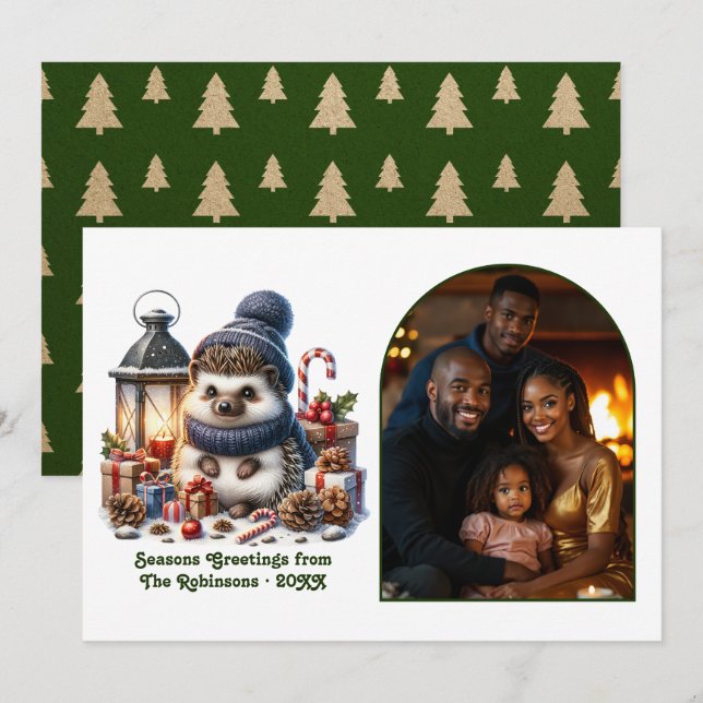 Woodland Hedgehog Cozy Forest Christmas Photo Holiday Card (Front/Back)