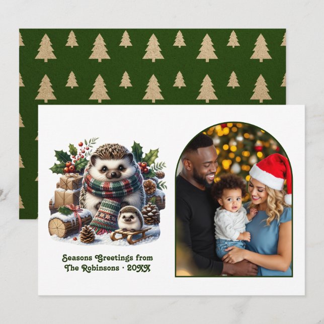 Woodland Hedgehog Family Cozy Forest Christmas Holiday Card (Front/Back)