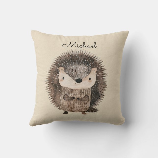 Woodland Hedgehog Faux Linen Personalized Throw Pillow (Back)