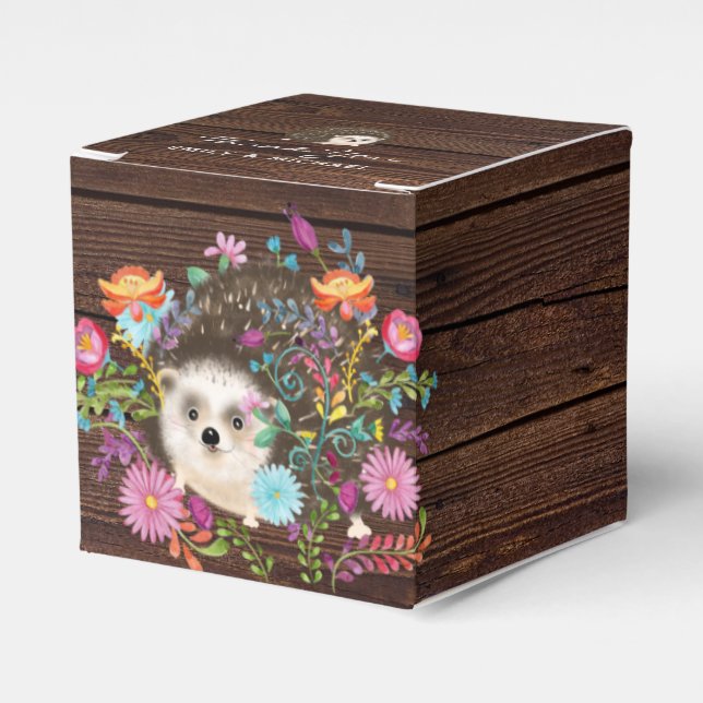 Woodland Hedgehog Favors Box Rustic Wood Square (Front Side)