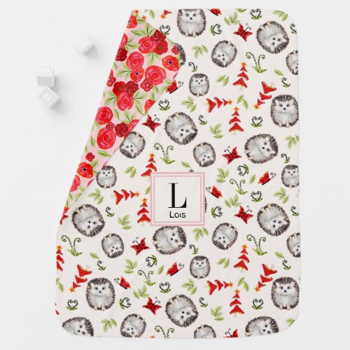 Woodland Hedgehog Roses Monogram Initial Girl Baby Blanket