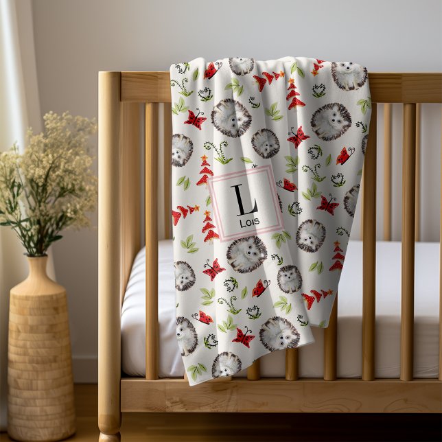 Woodland Hedgehog Roses Monogram Initial Girl Baby Blanket (Creator Uploaded)