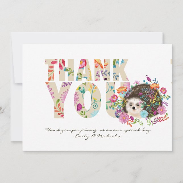 Woodland Hedgehog THANK YOU Folk Flowers Card (Front)