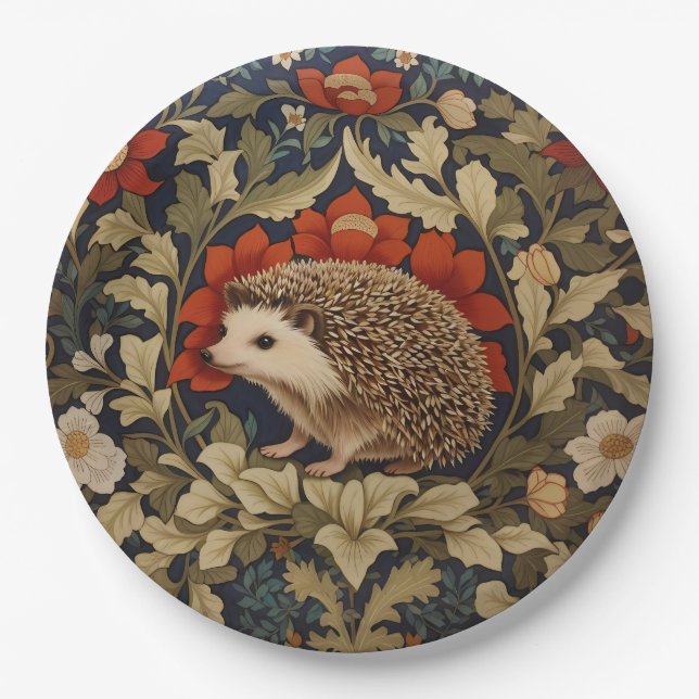 Woodland Hedgehog William Morris Inspired Paper Plates (Front)